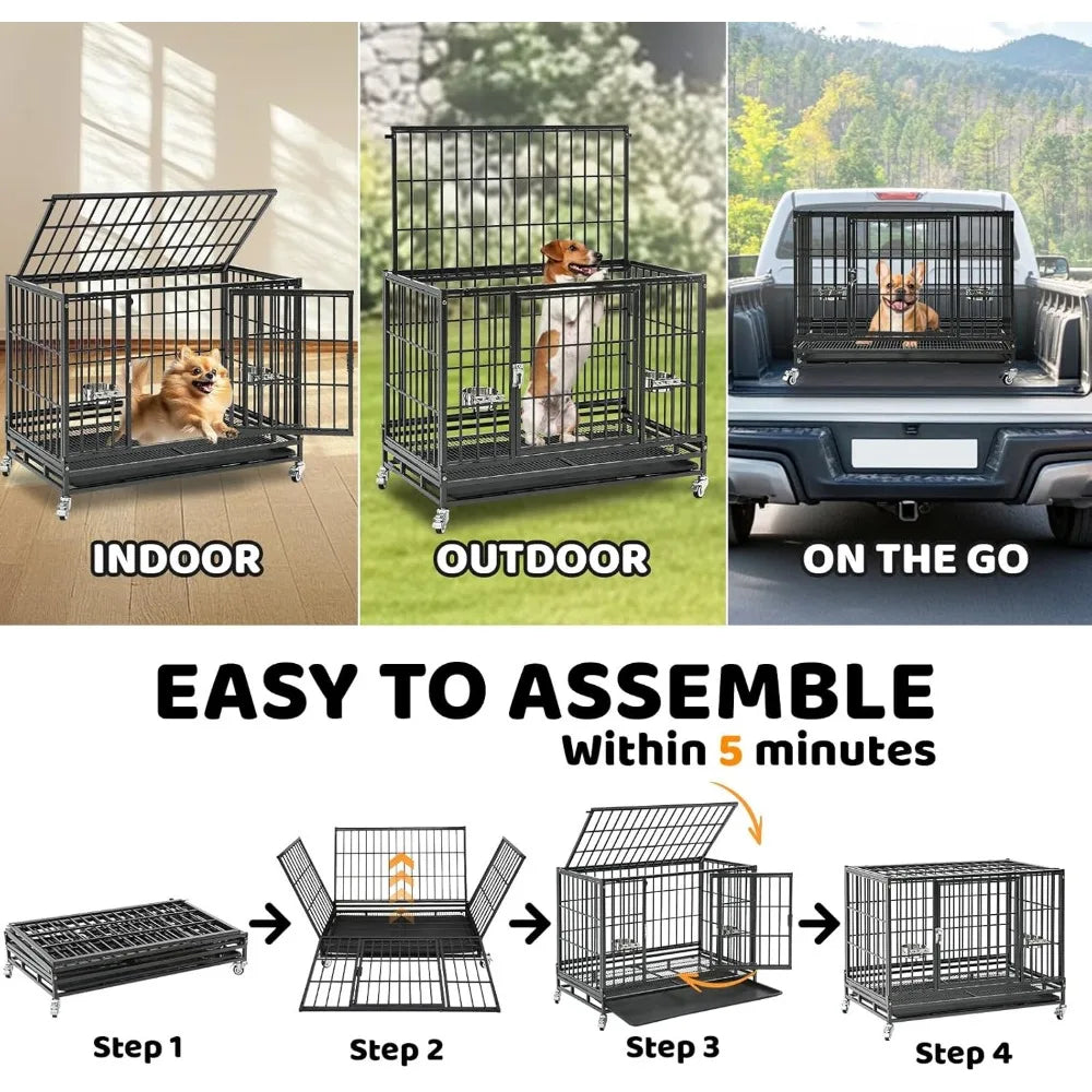 37 Inch Stackable Heavy Duty Dog Crate With Lockable Wheels And Removable Tray Escape Proof Cage For Dogs Indoor Use