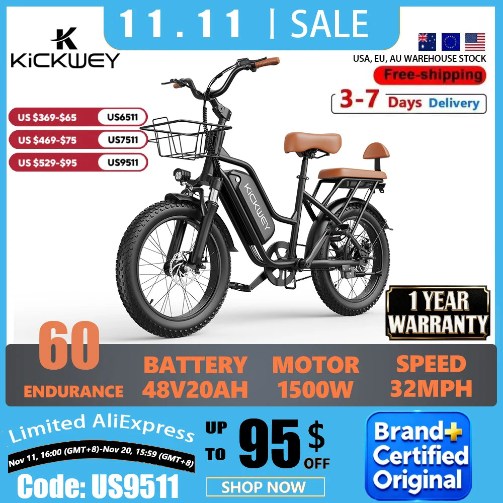 Electric Bike for Adults 1500W 20Inch Removable Battery