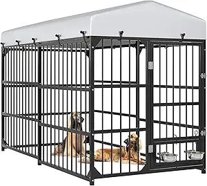 Outdoor Dog Kennel With Rotating Feeder Bowls Roof Heavy Duty Iron Cage 8ft L x 4ft W