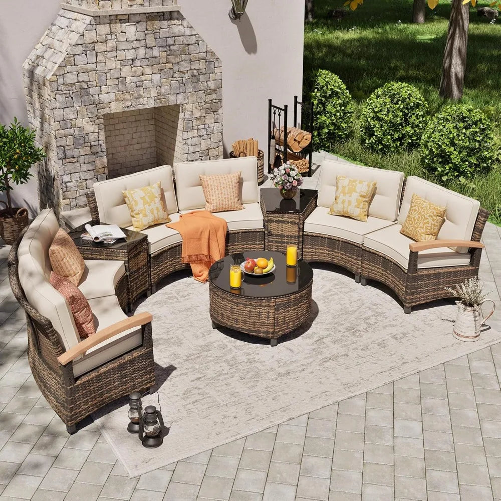 Half Moon Outdoor Patio Rattan Sofa Set With Wood Armrests