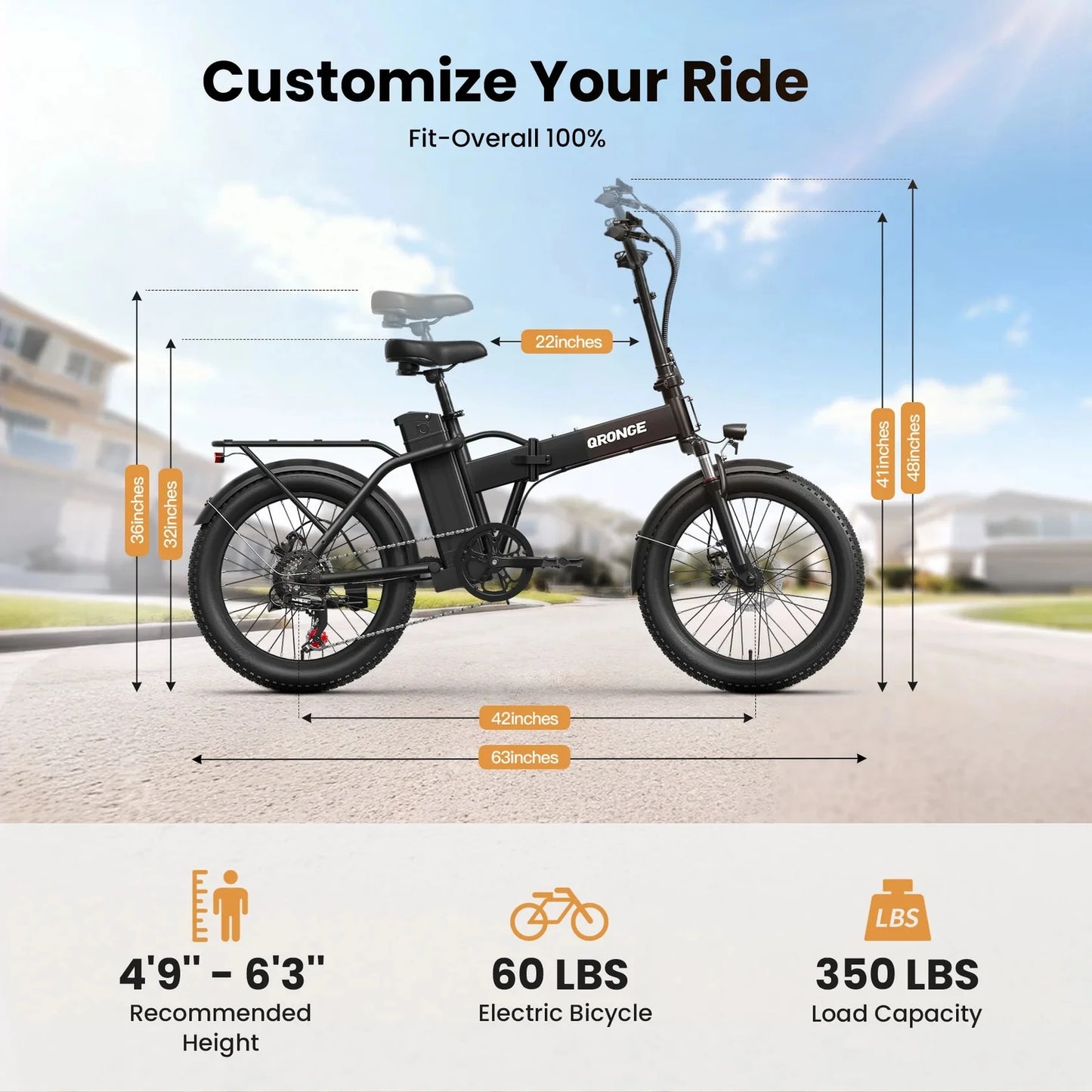 QRONGE Folding Electric Bike 1000W 28 MPH 48V Removable Battery 20 Inch Fat Tire