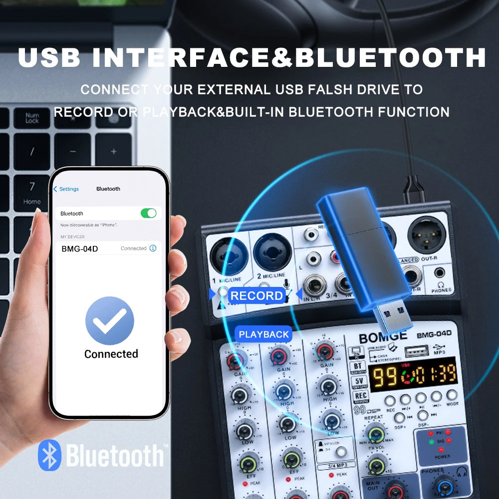 BOMGE 4 Channel DSP Echo DJ Audio Mixer with Bluetooth