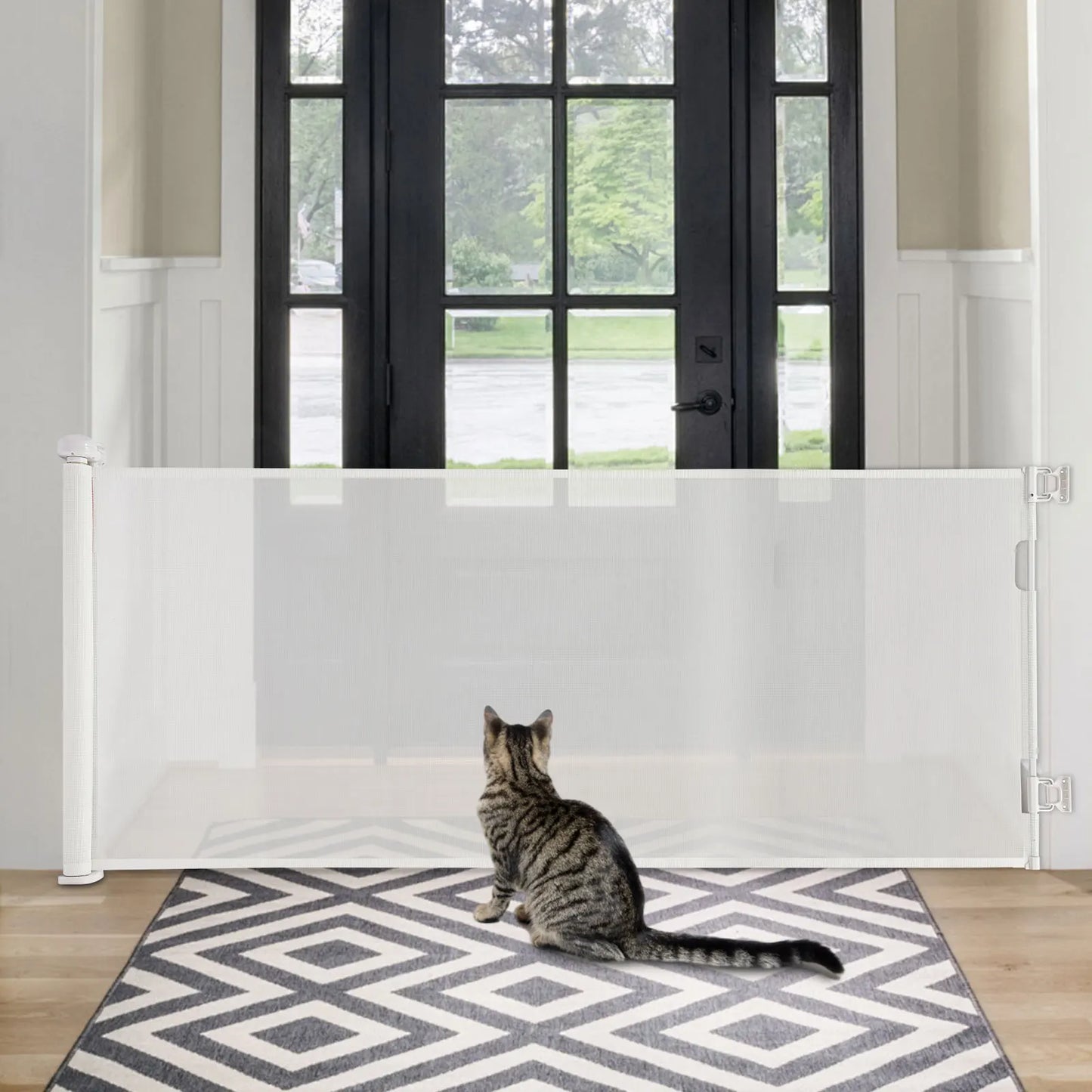 Adjustable White And Black Iron Pet Fence 40 To 300cm Indoor Safe Gate For Small To Medium Dogs 84cm Height 10 To 40lbs