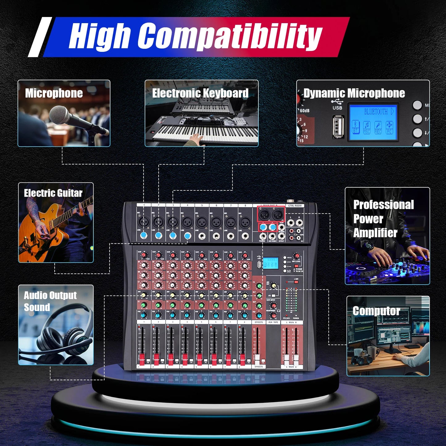 8 Channel Bluetooth Mixing Console with MP3 Recorder