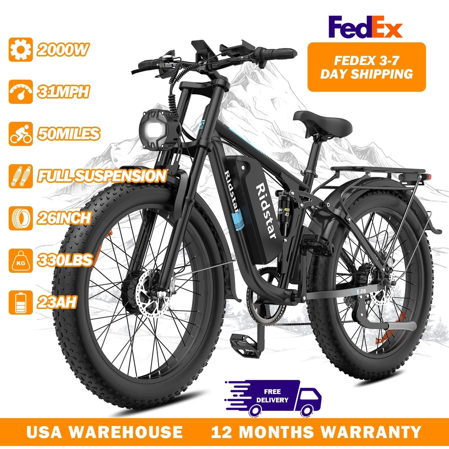 Ridstar 2000W Fat Tire Electric Bike With Dual Motor Full Suspension