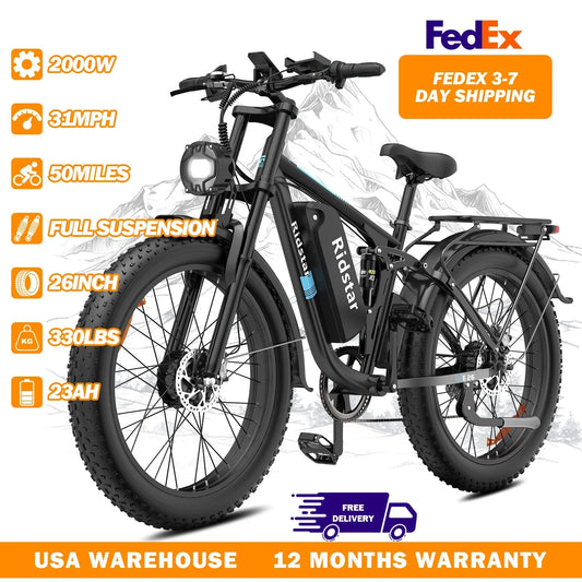 Ridstar 2000W Fat Tire Electric Bike With Dual Motor Full Suspension