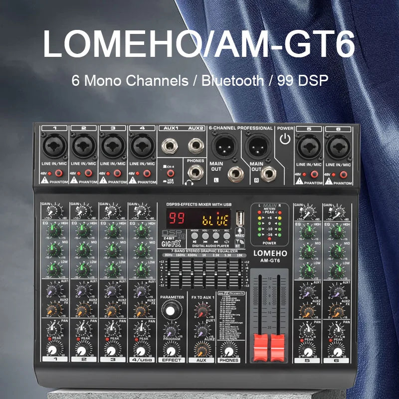 Lomeho 6 Channel Bluetooth Audio Mixer with 99 DSP Effects