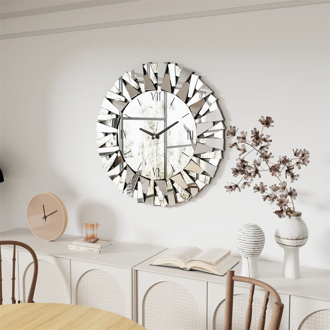 Large 3D Mirrored Wall Clock Sunburst Design 32 Inch - Antland Marketplace