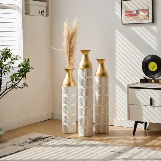White Metal Floor Vase Set Of 3 Modern Glazed Decor