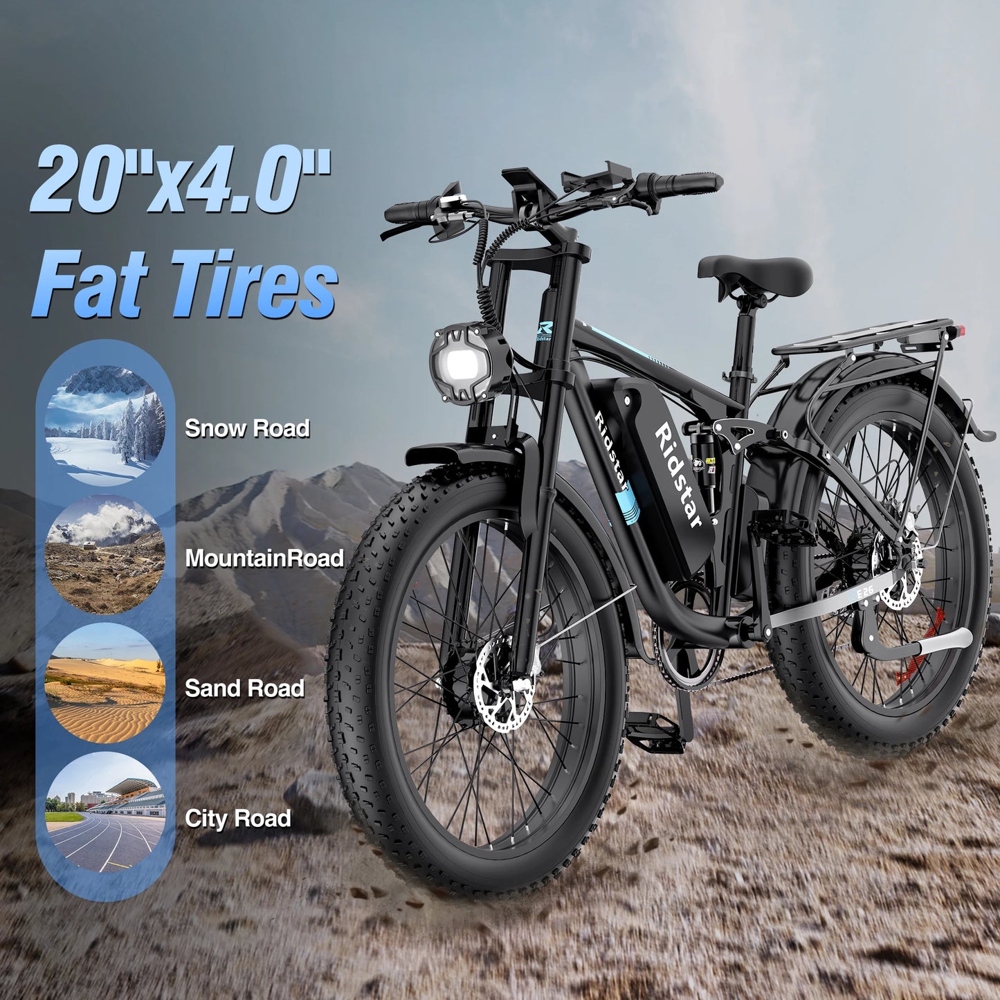 Ridstar 2000W Fat Tire Electric Bike With Dual Motor Full Suspension