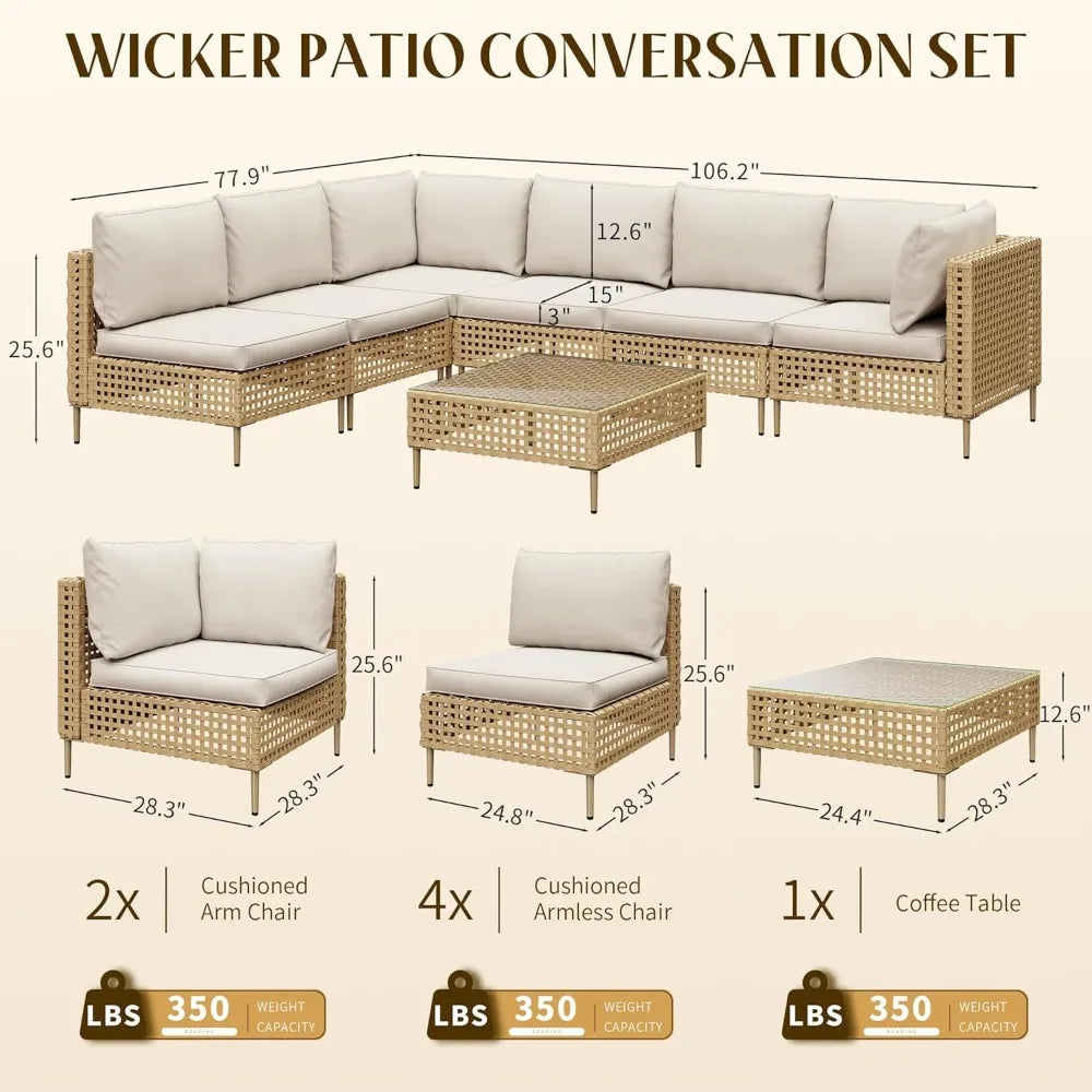 7 Piece Wicker Patio Sectional Furniture Set Outdoor Rattan