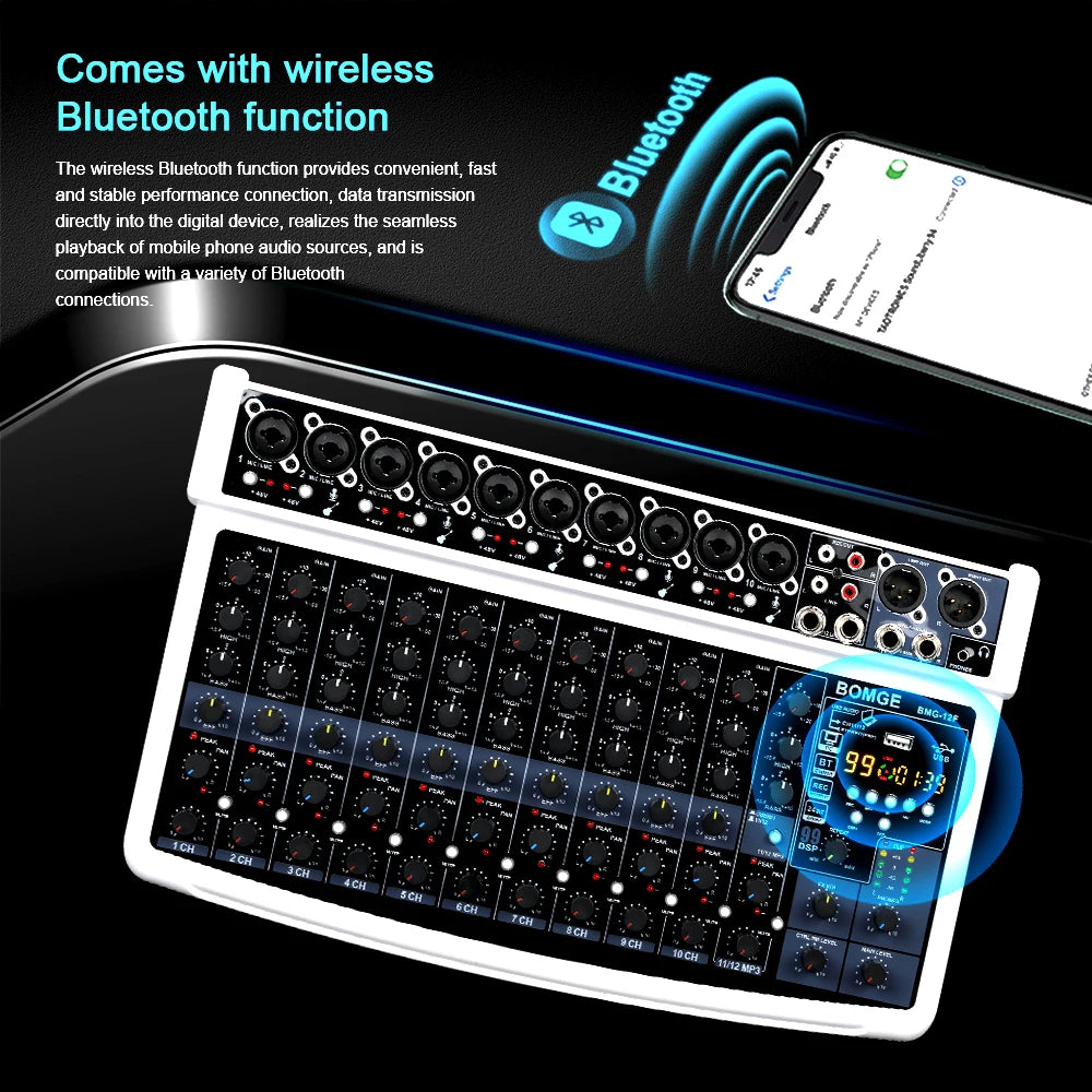 BOMGE 12-Channel Professional Audio Mixer with Bluetooth