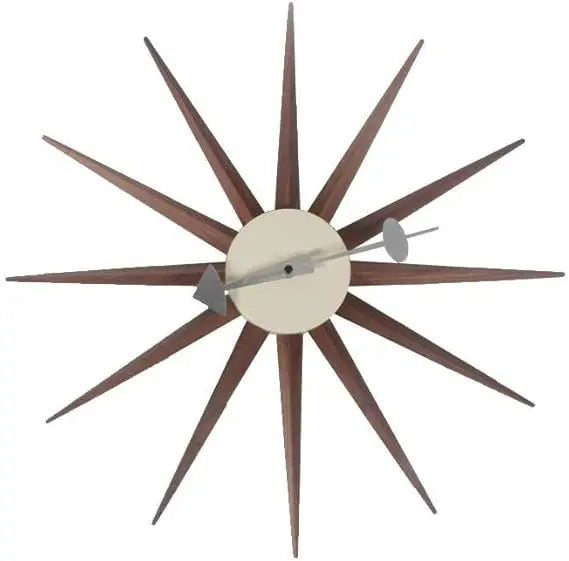 Mid Century Wood Sunburst Wall Clock Walnut Finish Silent Analog Decor For Home Office