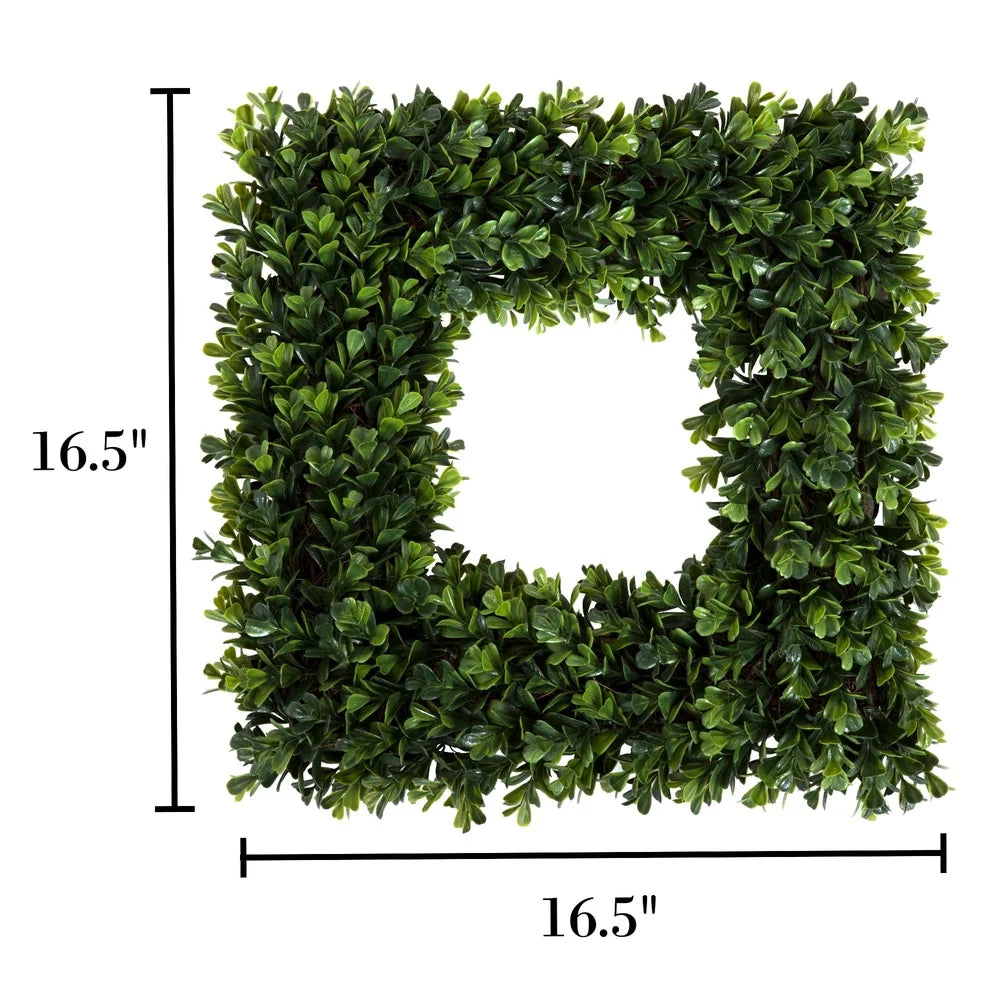 Artificial Boxwood Wreath 16.5 Inch Square Indoor Outdoor