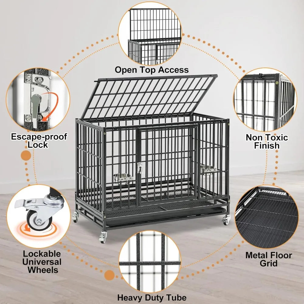 37 Inch Stackable Heavy Duty Dog Crate With Lockable Wheels And Removable Tray Escape Proof Cage For Dogs Indoor Use