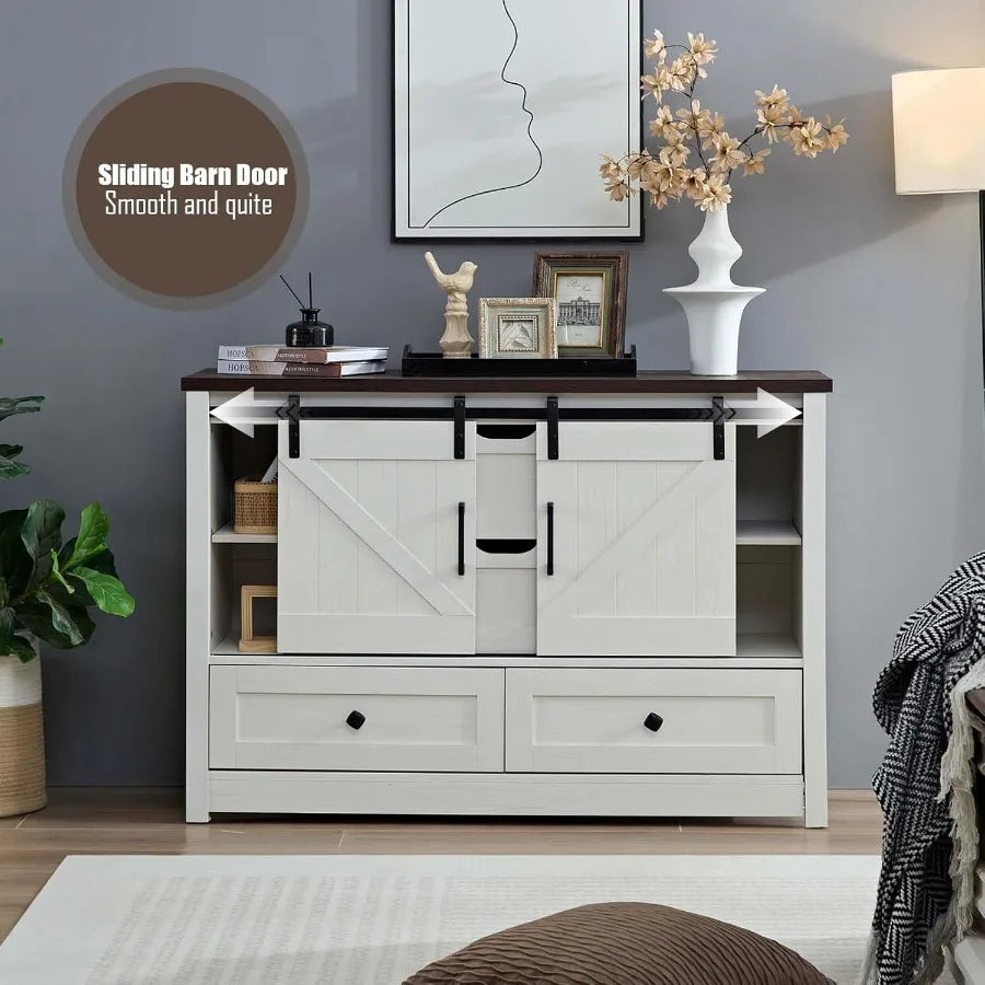 White Farmhouse Dresser Sliding Barn Door 48 Wide 4 Drawers