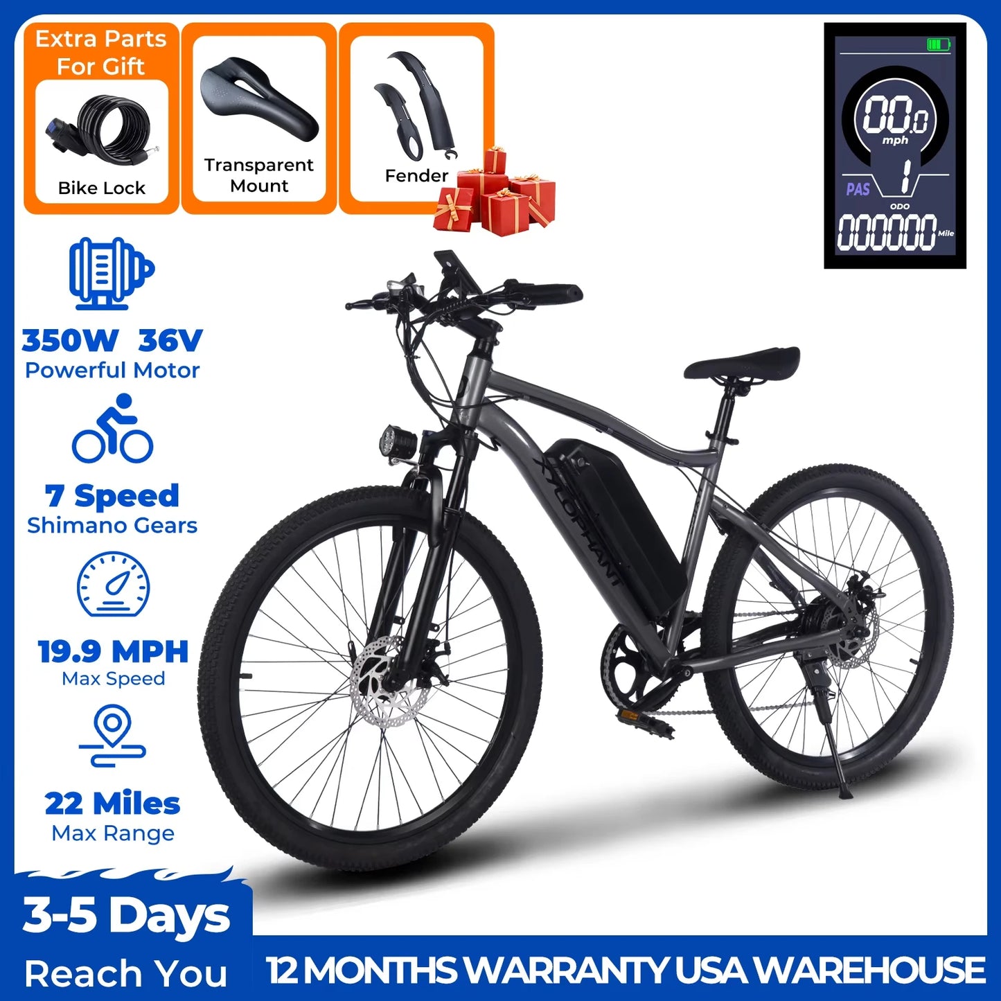 Terrosor 720W Electric Mountain Bike 26 Inch With Removable 36V Battery