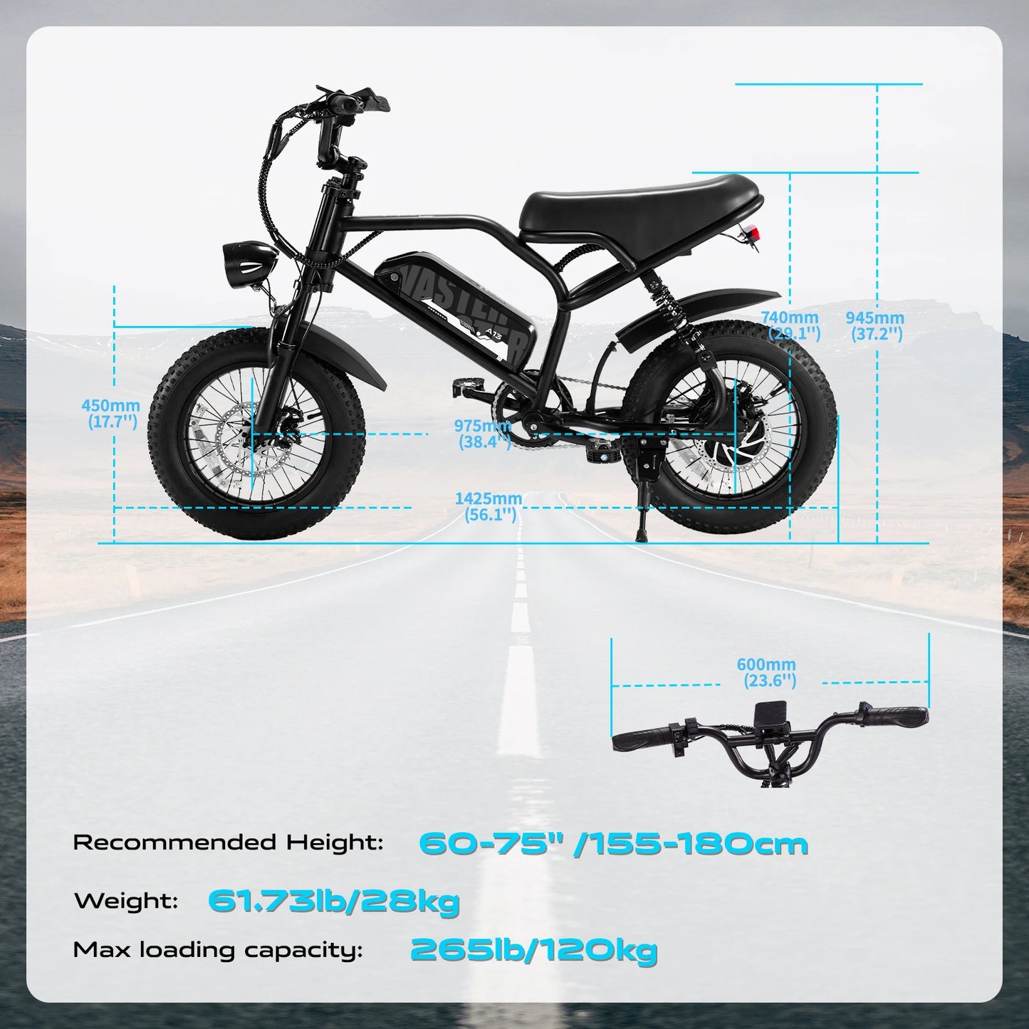 VDL Mountain Fat Tire E Bike 16 Inch 800W Removable Battery