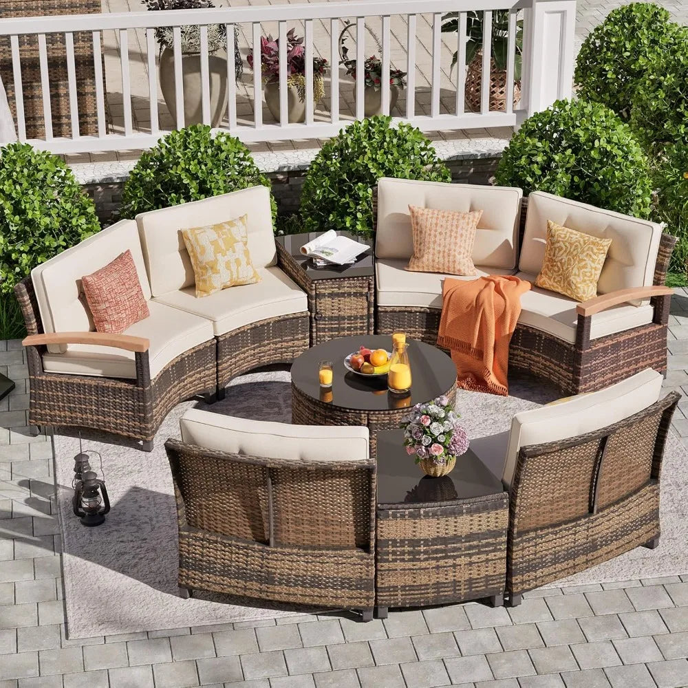 Half Moon Outdoor Patio Rattan Sofa Set With Wood Armrests