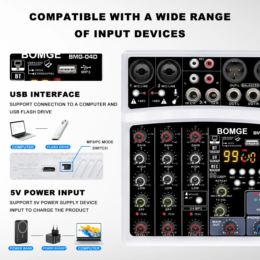 BOMGE 4 Channel DSP Echo DJ Audio Mixer with Bluetooth