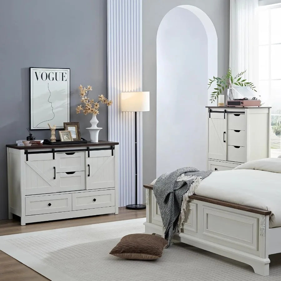 White Farmhouse Dresser Sliding Barn Door 48 Wide 4 Drawers
