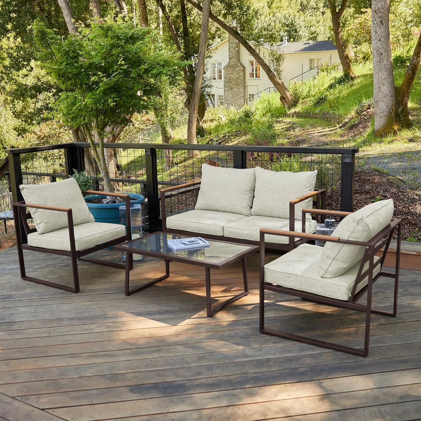 4 Piece Outdoor Patio Set With Sofa And Glass Table