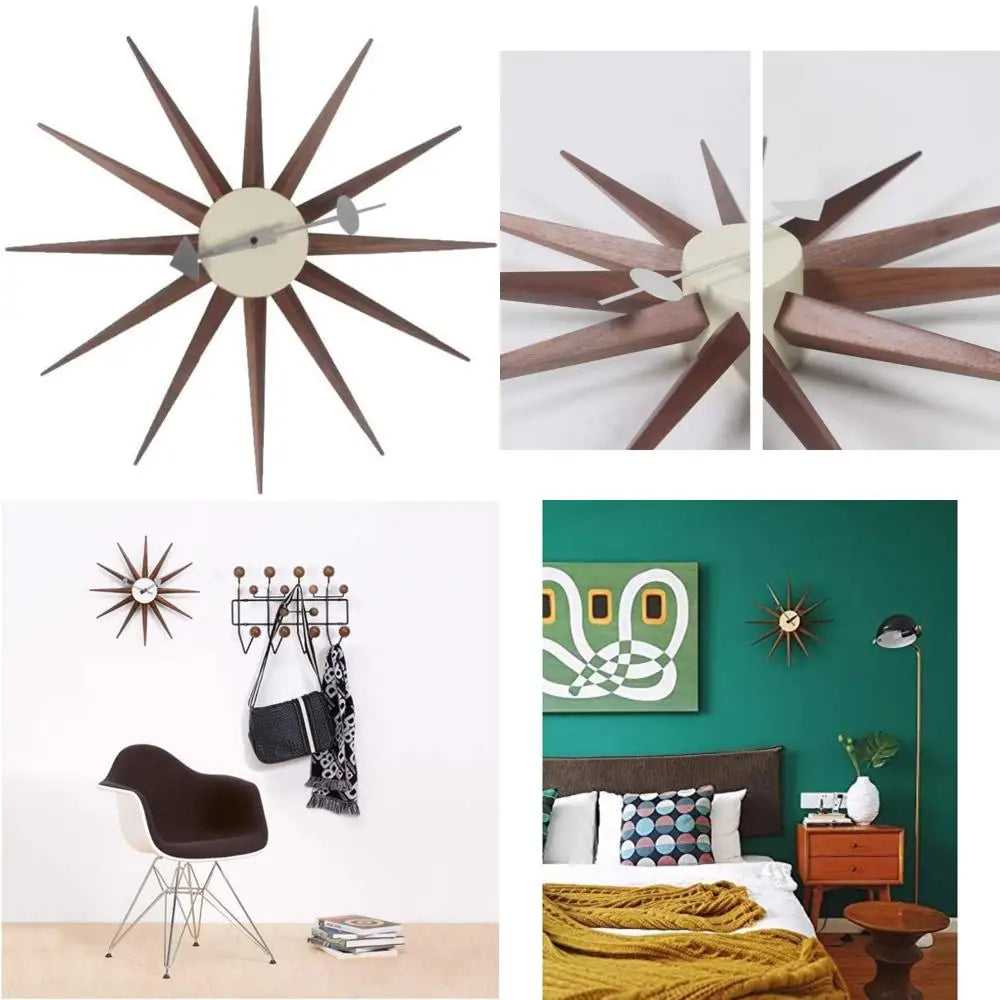 Mid Century Wood Sunburst Wall Clock Walnut Finish Silent Analog Decor For Home Office