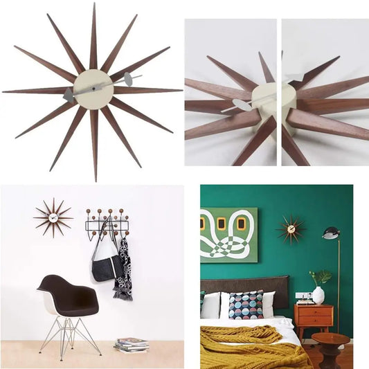 Mid Century Wood Sunburst Wall Clock Walnut Finish Silent Analog Decor For Home Office