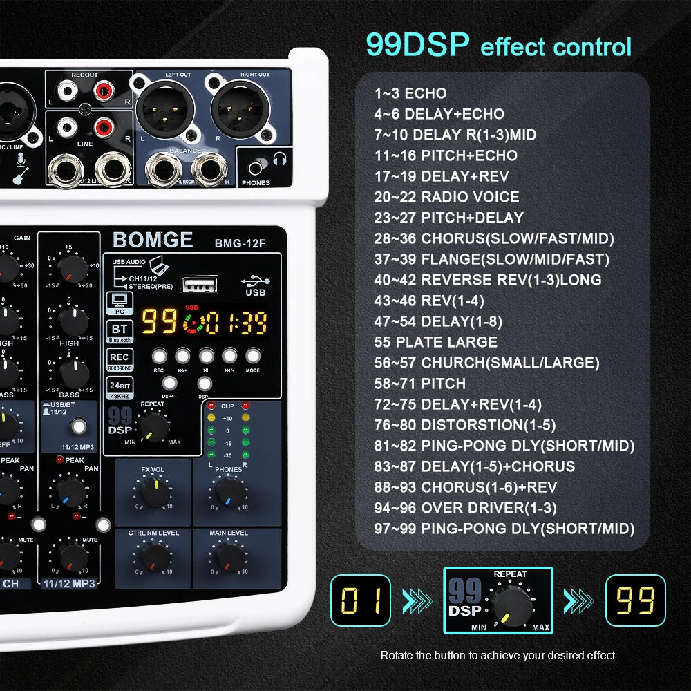 BOMGE 12-Channel Professional Audio Mixer with Bluetooth