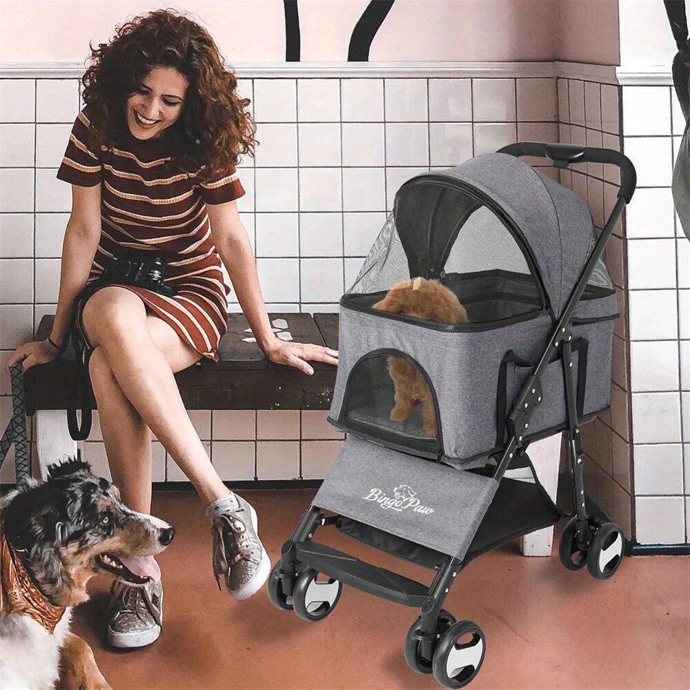 XXL Foldable Pet Stroller For Dogs Travel Jogger Pushchair With Storage Basket Grey 600D Linen