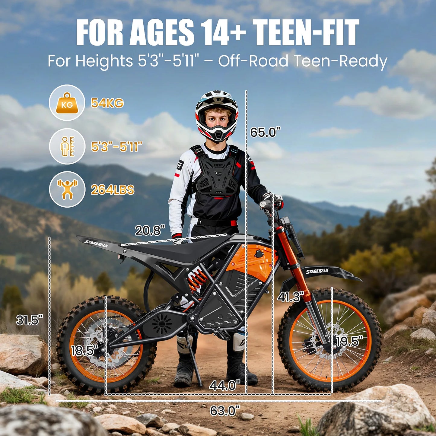 Spacewalk 48V Electric Dirt Bike For Adults 3000W Peak Power Fat Tire 37.5 MPH