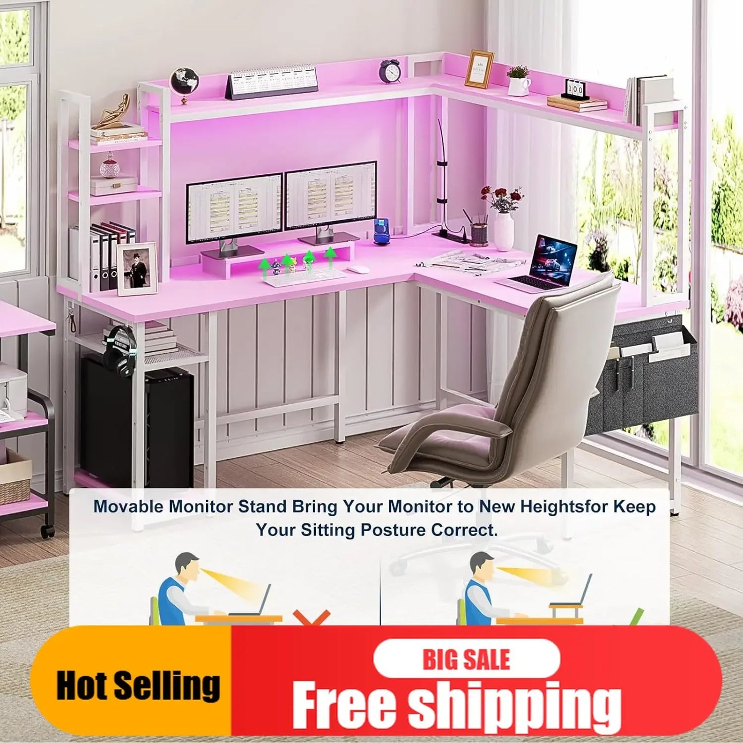 L Shaped Gaming Desk With Led Light Hutch And Power Outlet