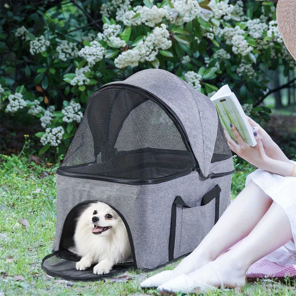XXL Foldable Pet Stroller For Dogs Travel Jogger Pushchair With Storage Basket Grey 600D Linen