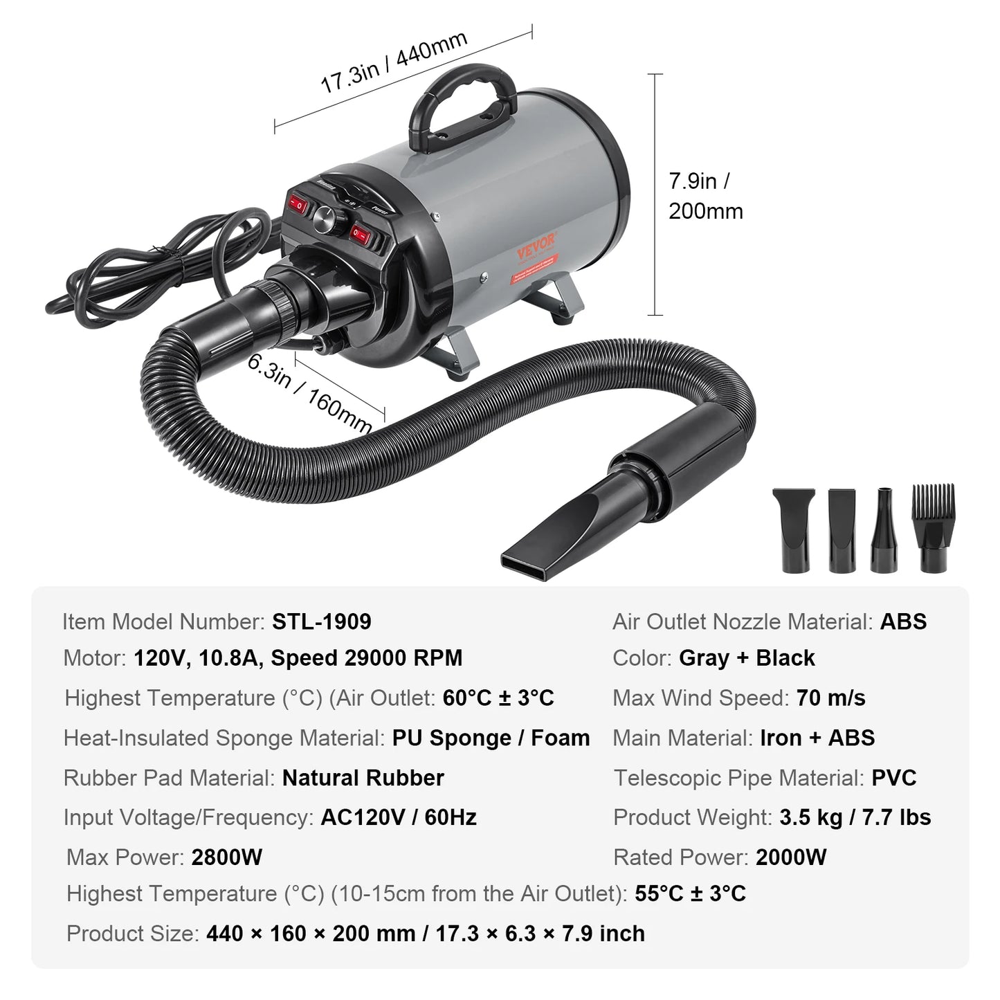 VEVOR 2000W Dog Blow Dryer with Adjustable Speed and Nozzles - Antland Marketplace