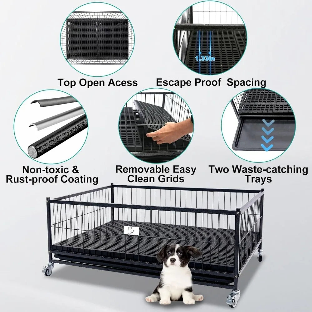Large Stackable Metal Dog Crate With Wheels For Whelping And Puppies 43 Inch Heavy Duty Cage