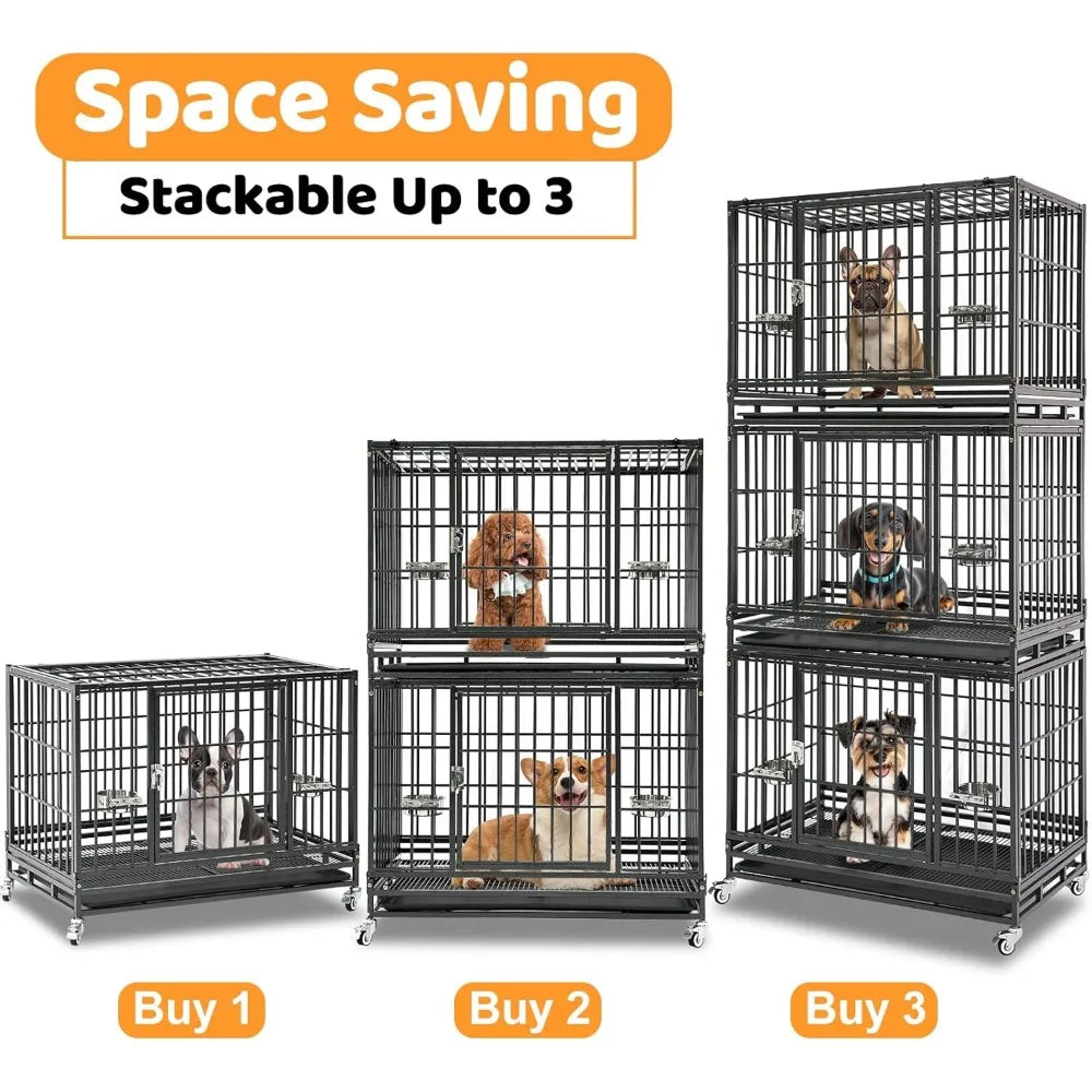 37 Inch Stackable Heavy Duty Dog Crate With Lockable Wheels And Removable Tray Escape Proof Cage For Dogs Indoor Use