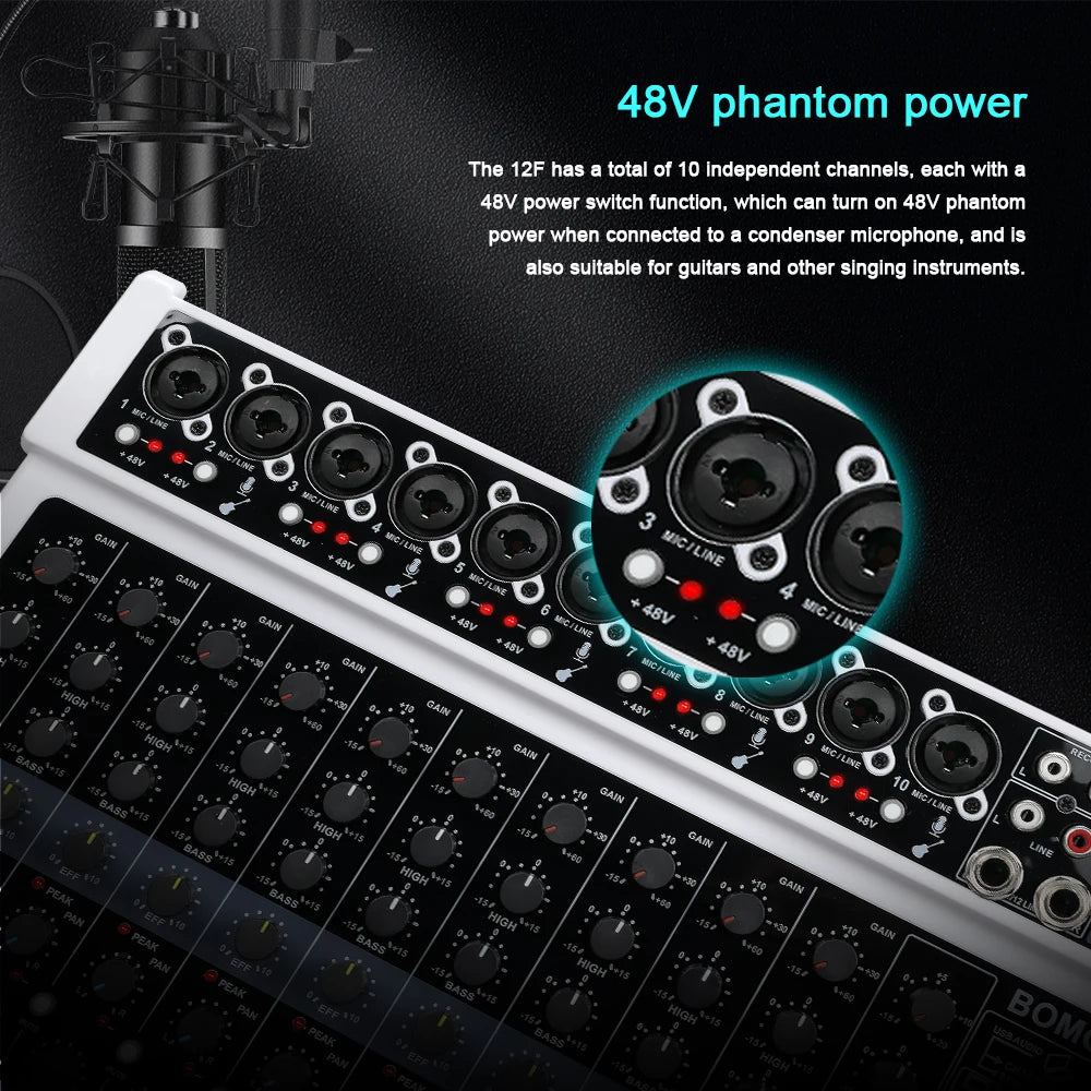 BOMGE 12-Channel Professional Audio Mixer with Bluetooth