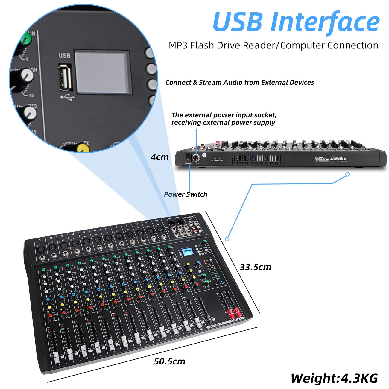 Depusheng DT12 Channel Bluetooth Audio Mixer for PC DJ