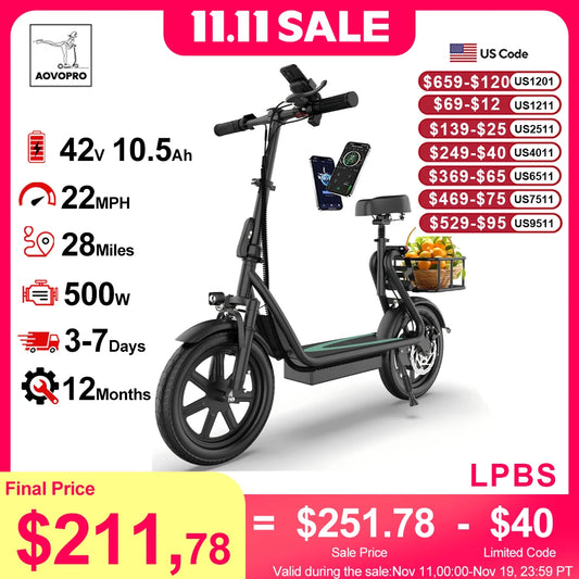 AOVOPRO ESBS 500W Foldable Electric Bike 14 Inch 10.4Ah