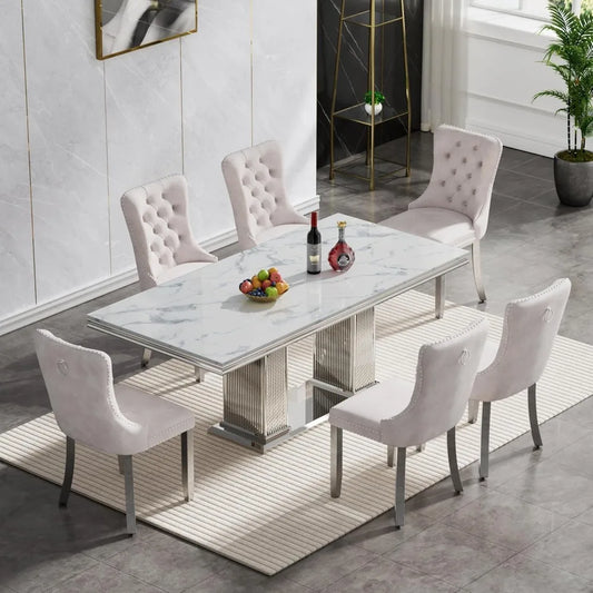 Modern Seven Piece Faux Marble Dining Set For 6 With Chairs