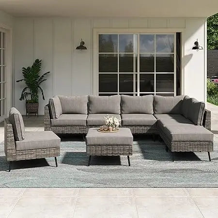 8 Piece Outdoor Sectional Sofa PE Rattan Patio Set Beige