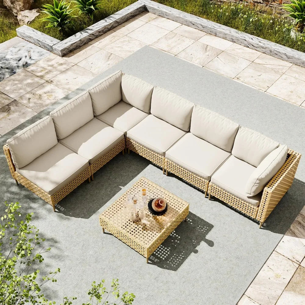 7 Piece Wicker Patio Sectional Furniture Set Outdoor Rattan