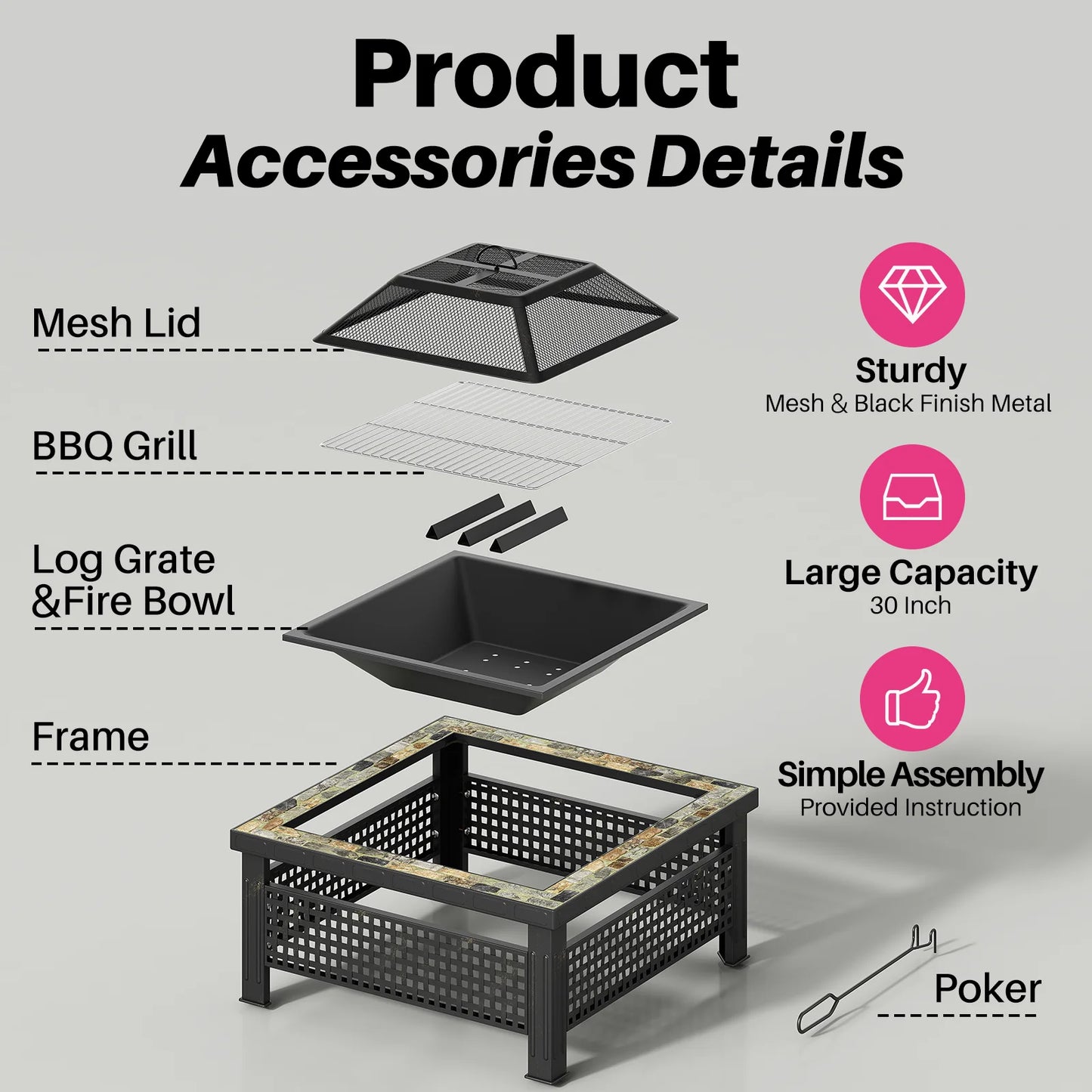 30 Inch Fire Pit Outdoor Table With Mesh Lid And Poker