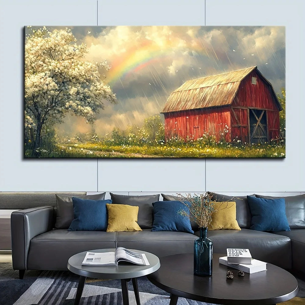 1.5 Inch Thick Pine Frame Red Barn Canvas Mural Country Landscape Poster For Kitchen Living Room Bedroom Decor