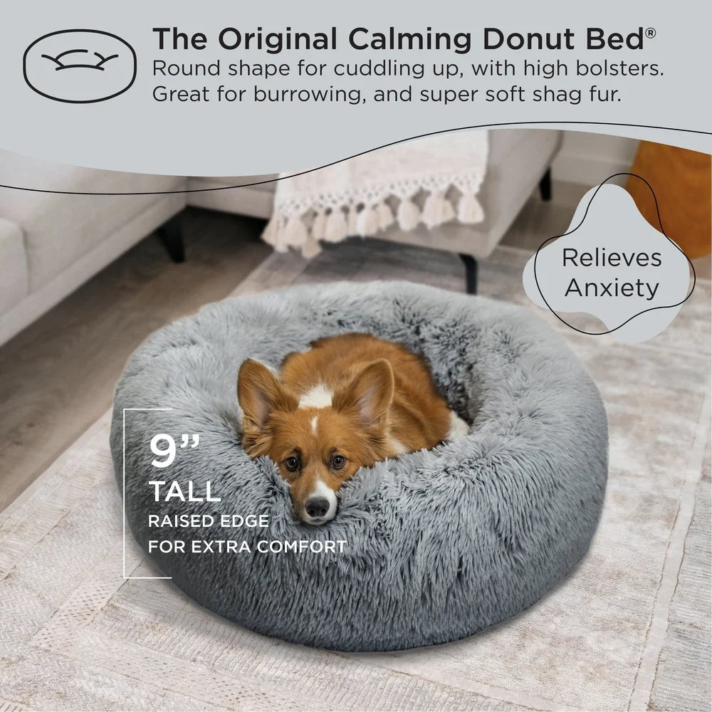 Soft Calming Donut Pet Bed Plush Fur Comfort Bolster Mattress For Small And Medium Dogs Or Cats Dirt Resistant Easy Wash