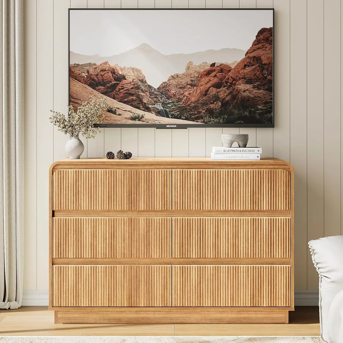 Modern Curved 6 Drawer Dresser 48W Wood Chest Bedroom