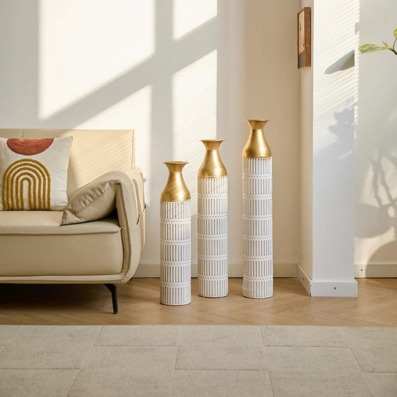 White Metal Floor Vase Set Of 3 Modern Glazed Decor