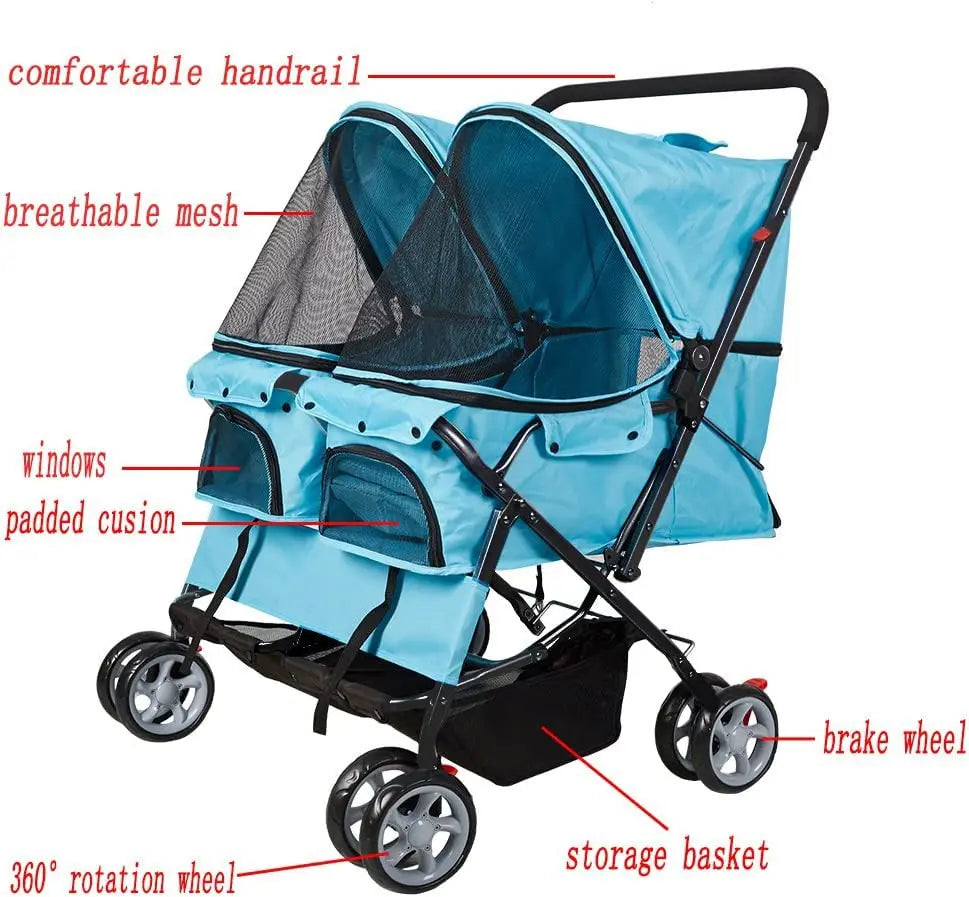 Double Pet Stroller Foldable Twin Dog Stroller With Storage