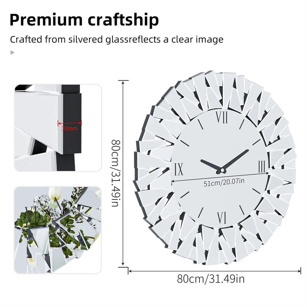 Large 3D Mirrored Wall Clock Sunburst Design 32 Inch - Antland Marketplace