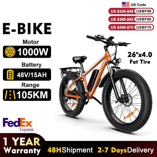 High Power 1000W Fat Tire Electric Bike With 48V Battery